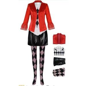 Harley Cosplay Costume Red Uniform Jacket Suit Clown Halloween Outfit Coat Skirt